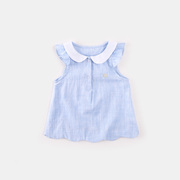 蓝色飞袖女童打底衫女宝宝无袖衬衫，儿童夏装t恤衬衣上衣纯棉体恤