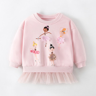 女童粉红色小精灵纯棉长袖，卫衣宝宝春秋装，儿童套头上衣欧美体恤衫