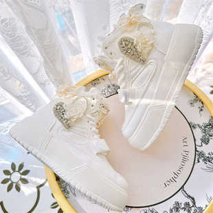 小个子松糕厚底小白鞋，2024韩版蕾丝镶钻魔术贴休闲系带高帮鞋