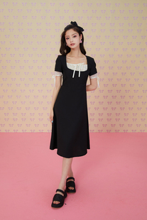 wxc原创设计小众小黑裙，糖果星蕾丝拼接假两件蝴蝶结方领连衣裙女