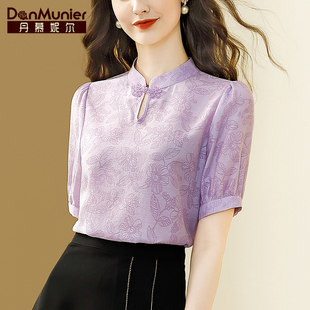 丹慕妮尔新中式醋酸印花衬衫，女2024夏季气质，短袖盘扣国风上衣