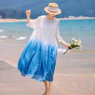 有内衬沙滩裙2024白色袍子苎麻连衣裙渐变色度假旅行长裙拍照超仙