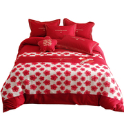 简约新婚庆(新婚庆，)床品红色四件套100s纯棉，立体花朵刺绣结婚被套床单床笠