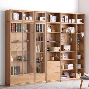 小七的木头实木书柜一体，整墙书架靠墙，家用橡木客厅满墙玻璃展示柜