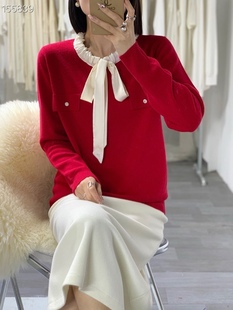 新年红色欧洲站欧货纯色口袋设计系带毛衣宽松羊毛针织衫上衣