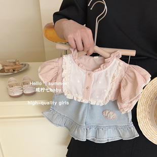 韩版女童夏装洋气时髦套装儿童粉色蕾丝花边衬衫牛仔短裤两件套