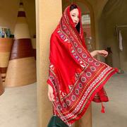喜婆婆披肩配旗袍复古沙滩巾，旅游民族风披肩，围巾两用大纱巾红色围