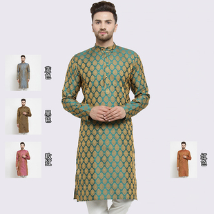 印度进口男装民族风，丝绵提花暗纹中长款传统服饰上衣薄款5色