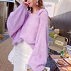 2023秋冬紫色马海毛蝙蝠袖，针织拼羊毛，连帽抽绳套头毛衣上衣女