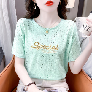 绿色蕾丝短袖t恤女士，夏装2023显瘦镂空上衣，洋气亮片刺绣体恤