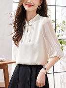 新中式白色雪纺衬衫女中袖上衣，2024夏季设计感小众泡泡袖衬衣