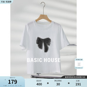 Basic House/百家好蝴蝶结刺绣T恤2024夏季设计感圆领女上衣