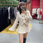 2023秋冬名媛气质毛呢套装，裙女高级感白色，小香风短外套两件套