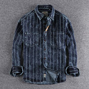 美式复古竖条纹牛仔衬衫，男雪花做旧水洗，工艺厚实宽松衬衣休闲外套