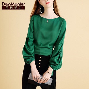 丹慕妮尔通勤时尚绿色灯笼袖，上衣春秋女装气质，设计感长袖t恤衬衫