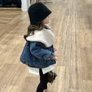 女童韩版外套2023秋冬童装儿童洋气大毛领加厚夹棉牛仔外套