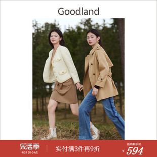 美拉德Goodland美地女装2023秋季复古翻领英伦风衣驼色外套