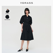 vgrass黑色连衣裙式短袖风衣，外套女春时髦微肌理vsf2o30700