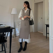 韩国女装M2023冬纯色翻领长袖长衬衫+V领针织连衣裙腰带套装