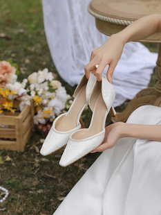 lusen婚鞋法式新娘婚纱鞋，高级感白色蕾丝高跟鞋，不累脚日常穿
