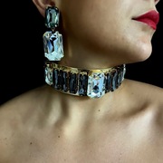 欧美夸张方形水晶大宝石颈链耳环套装女气质性感显瘦闪亮脖子项链