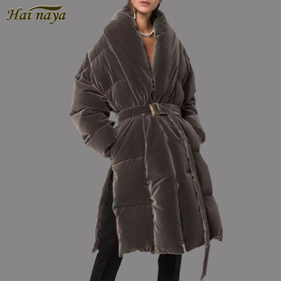 23冬季羽绒服女欧美丝绒V领时尚炸街鸭绒中长款面包保暖外套