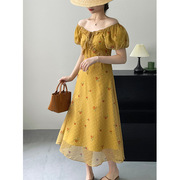 法式复古显白黄色玫瑰碎花连衣裙女法式桔梗系带气质高腰长裙夏季