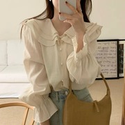 韩国chic春季法式温柔减龄三层荷叶边娃娃领衬衣女喇叭袖雪纺衬衫