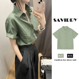 绿色短袖棉麻衬衫女夏季设计感小众职业高级感衬衣小个子亚麻上衣