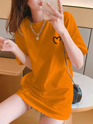 欧货橙色中长款t恤女夏季2024纯棉宽松圆领内搭半袖上衣ins潮