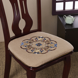新中式刺绣餐椅垫棉麻加厚坐垫实木，椅子垫防滑椅座垫带绑带可拆洗