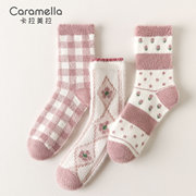 caramella袜子女珊瑚绒袜子，冬季保暖加绒长筒，家居地板袜中筒袜