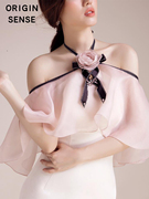 小众个性设计粉色淑女欧根纱，优雅公主仙气飘飘挂脖露肩修身连衣裙