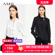 Amii中式雪纺衫女长袖气质上衣设计感立领绑带斜门襟宽松遮肚衬衫