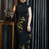 黑色印花雪纺旗袍复古长款夏季气质，中式港风修身中时尚显瘦侧拉链