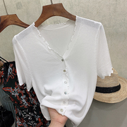夏季女装v领木耳边冰丝短袖，针织开衫t恤短款小外搭防晒衣白色