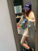 已定韩国2024夏季女盖臀荧光，涂鸦字母蝙蝠袖，宽松oversize白色t恤