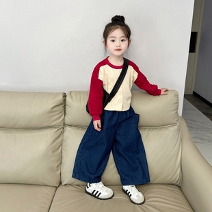 女童直筒牛仔裤春装2024韩版时髦儿童深蓝色阔腿长裤春季套装