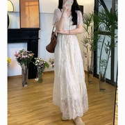 蕾丝网纱泡泡袖连衣裙女2024年夏季法式复古雪纺花朵印花长裙