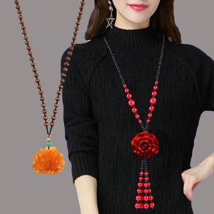 朱砂毛衣链长款女红玫瑰花，复古百搭衣服配饰项链挂件，秋民族风饰品