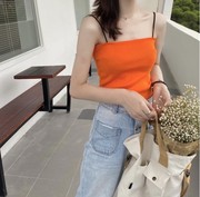 韩国chic港风气质女神，显瘦无袖平口橙色橘色，亮色针织背心吊带女夏