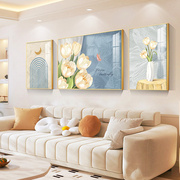 奶油风客厅画沙发背景墙，装饰画现代简约油画，郁金香三联画墙壁挂画