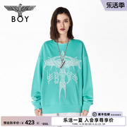 boylondon秋季男女同，款珠光线刺绣孔雀蓝简约休闲套头卫衣n03001