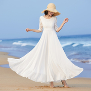 优雅圆领白色雪纺蕾丝拼接大摆裙显瘦减龄连衣裙度假旅游沙滩长裙