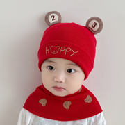 宝宝帽子秋冬款毛线帽套装保暖护耳可爱婴儿针织帽冬季红色针织帽