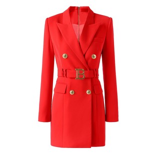 高定巴尔家双排扣b字腰带西装，连衣裙气质红色修身显瘦职业外套裙
