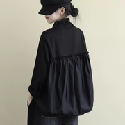 黑色长袖衬衫女2023春秋，韩版宽松大码显瘦气质，高领打底衫上衣
