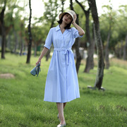 法式复古v领衬衫裙收腰长款 蓝白条纹衬衣裙纯棉长裙成熟御姐女装