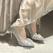 天2023蝴蝶结水晶鞋，银色婚鞋法式春秋水钻，高跟鞋女秋款秋尖头
