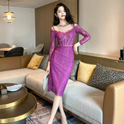 法式设计感紫色长袖连衣裙，女秋修身显瘦名媛，气质短裙子20697
